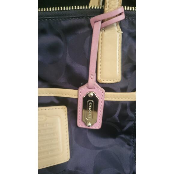 Coach Signature Nylon Tote Bag C1376-24362 Purple Beige Leather Trim Shoulder... - Picture 5 of 11